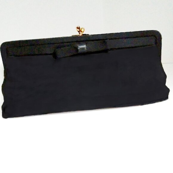 After Five Handbags - After5 Vintage  Black Satin Clutch with Bow, Diamante Kiss Clasp & Chain Handle